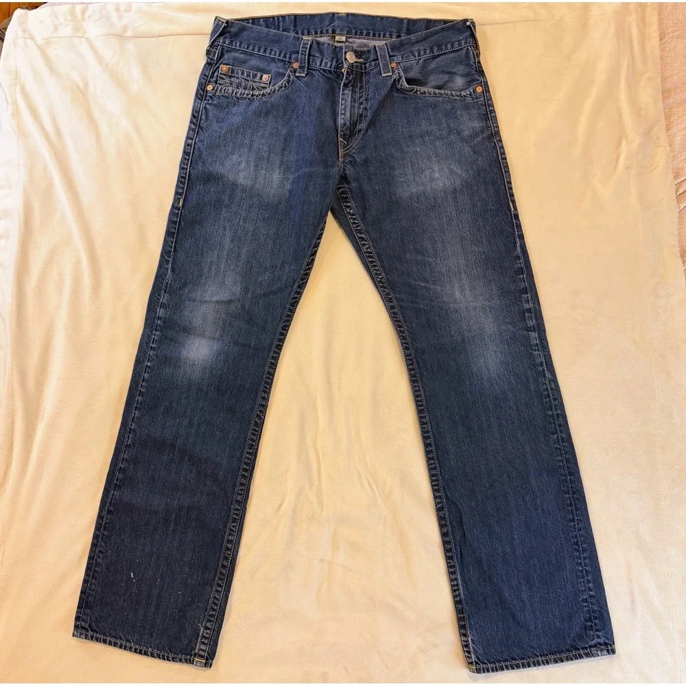 True Religion Straight Basic Old Multi Wheat Jeans Size 36 Dark Wash Horseshoe
